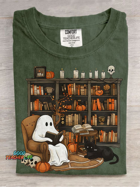 Retro Ghost Reading Books Librarian Ghost Halloween Teacher Sweatshirt Boo Casual Print T-shirt