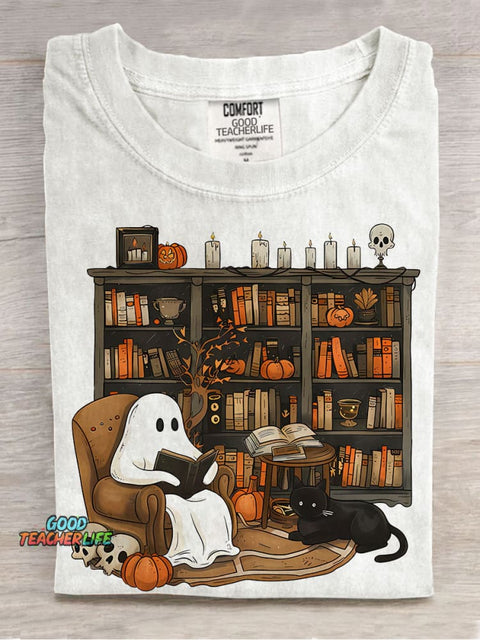 Retro Ghost Reading Books Librarian Ghost Halloween Teacher Sweatshirt Boo Casual Print T-shirt