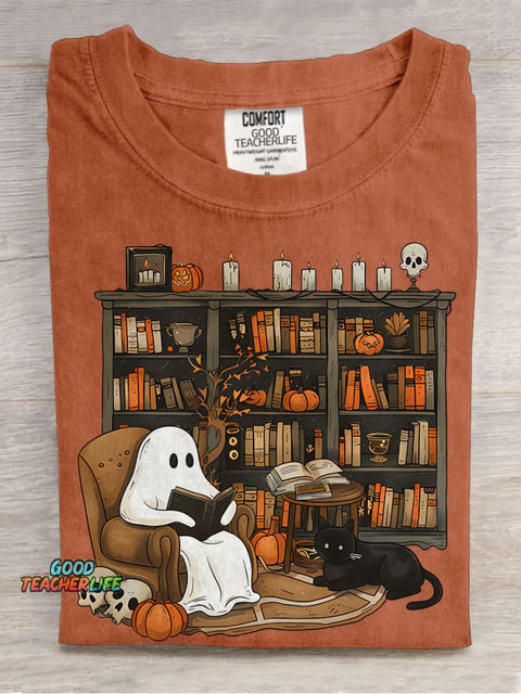 Retro Ghost Reading Books Librarian Ghost Halloween Teacher Sweatshirt Boo Casual Print T-shirt