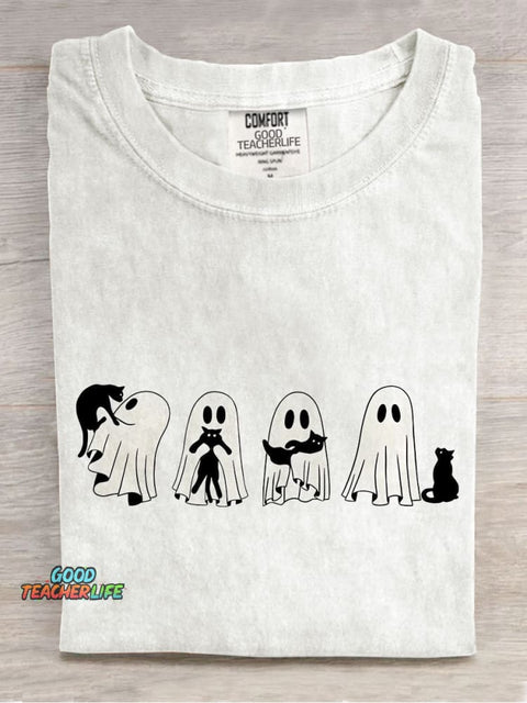 Halloween Black Cat & Ghost Casual Print T-shirt