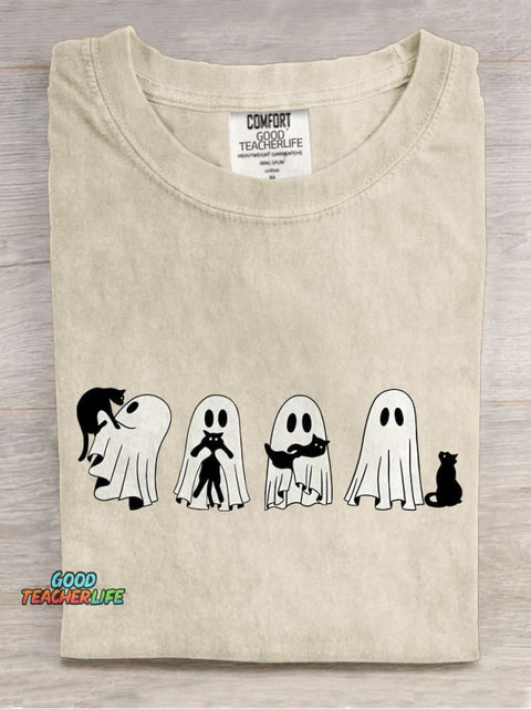 Halloween Black Cat & Ghost Casual Print T-shirt