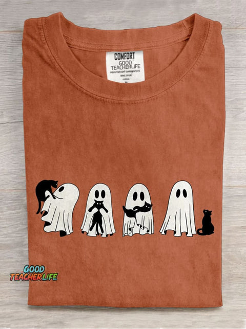 Halloween Black Cat & Ghost Casual Print T-shirt