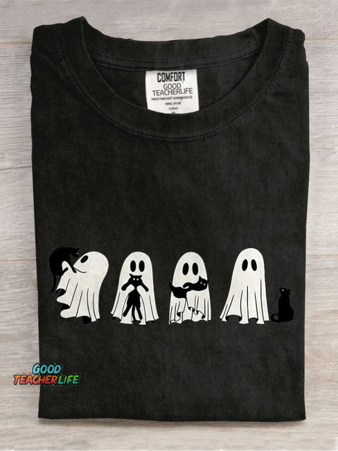Halloween Black Cat & Ghost Casual Print T-shirt
