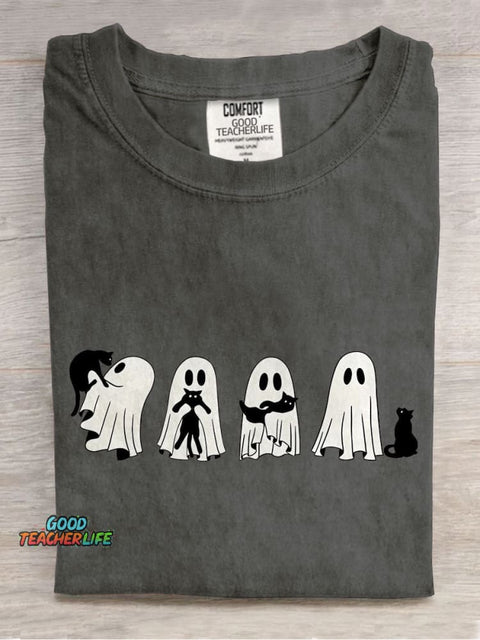 Halloween Black Cat & Ghost Casual Print T-shirt