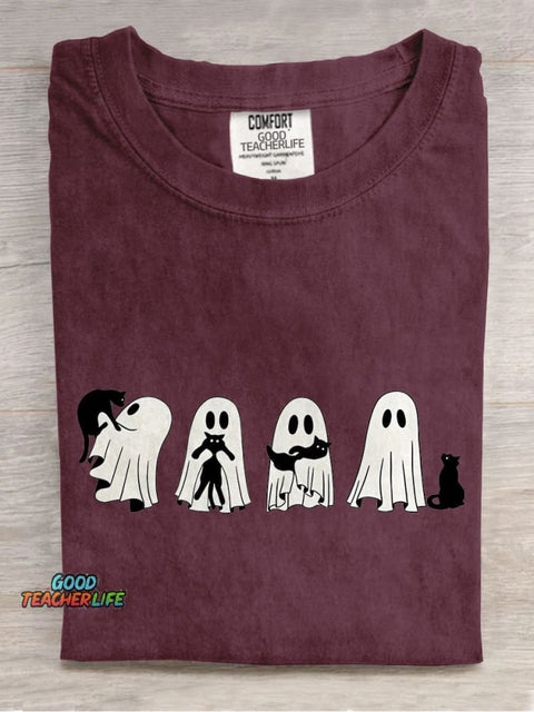 Halloween Black Cat & Ghost Casual Print T-shirt