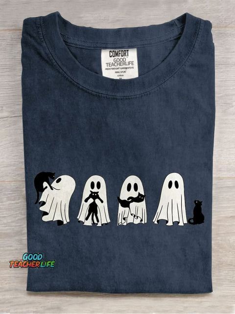 Halloween Black Cat & Ghost Casual Print T-shirt