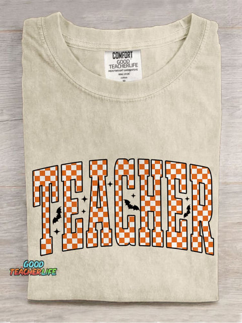 Checkered Halloween Teacher Casual Print T-shirt