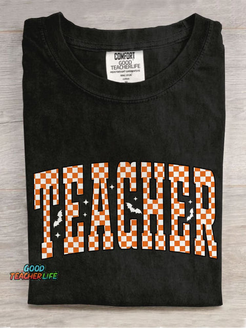 Checkered Halloween Teacher Casual Print T-shirt
