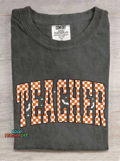 Checkered Halloween Teacher Casual Print T-shirt