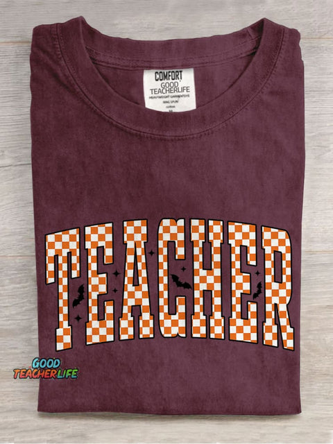 Checkered Halloween Teacher Casual Print T-shirt