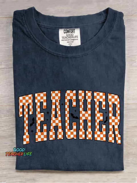 Checkered Halloween Teacher Casual Print T-shirt