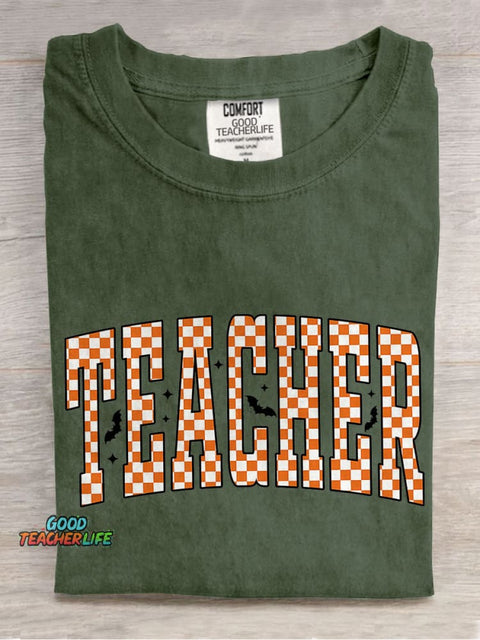 Checkered Halloween Teacher Casual Print T-shirt
