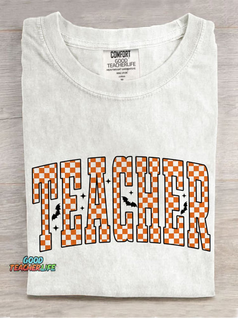 Checkered Halloween Teacher Casual Print T-shirt