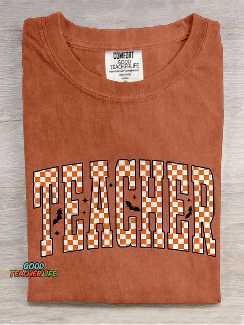 Checkered Halloween Teacher Casual Print T-shirt