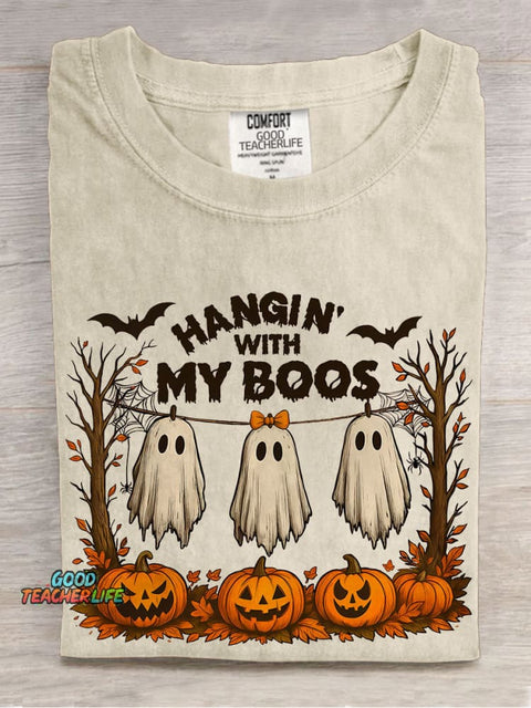 Funny Hanging Ghosts Halloween Hangin’ With My Boos Casual Print T-shirt