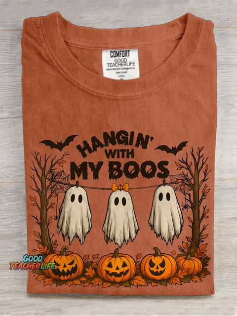 Funny Hanging Ghosts Halloween Hangin’ With My Boos Casual Print T-shirt