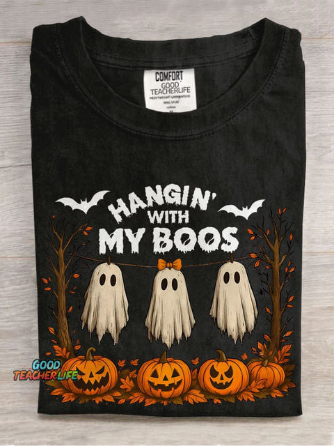 Funny Hanging Ghosts Halloween Hangin’ With My Boos Casual Print T-shirt