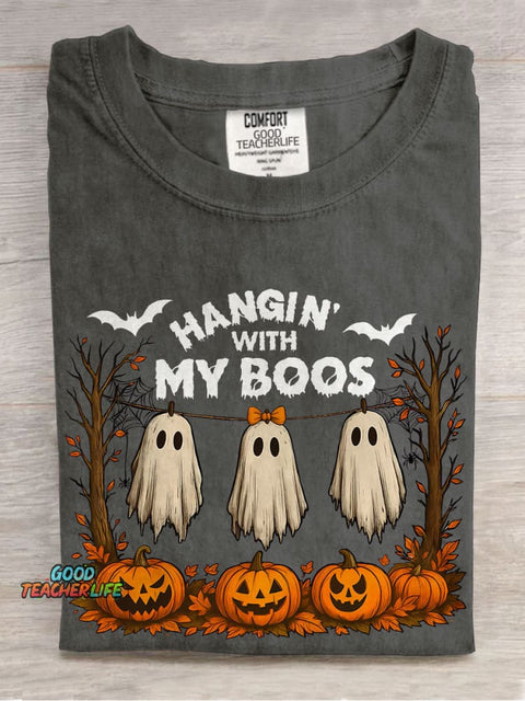 Funny Hanging Ghosts Halloween Hangin’ With My Boos Casual Print T-shirt
