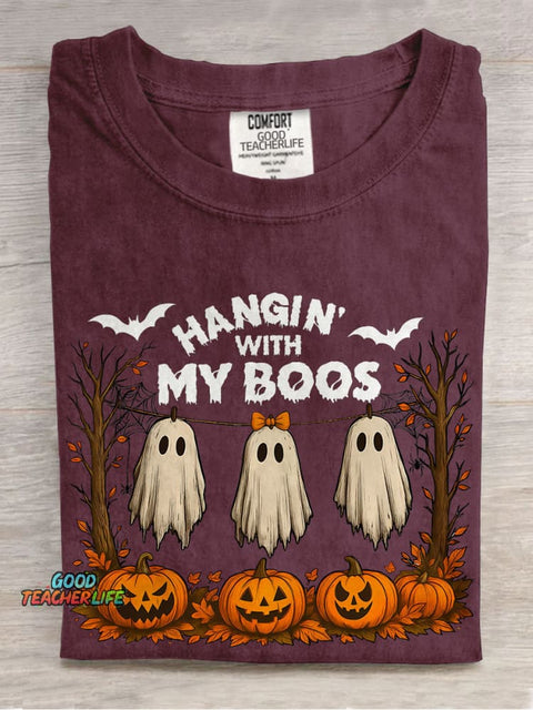 Funny Hanging Ghosts Halloween Hangin’ With My Boos Casual Print T-shirt