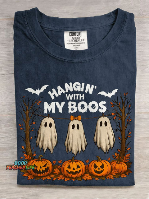 Funny Hanging Ghosts Halloween Hangin’ With My Boos Casual Print T-shirt