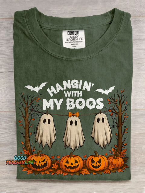 Funny Hanging Ghosts Halloween Hangin’ With My Boos Casual Print T-shirt