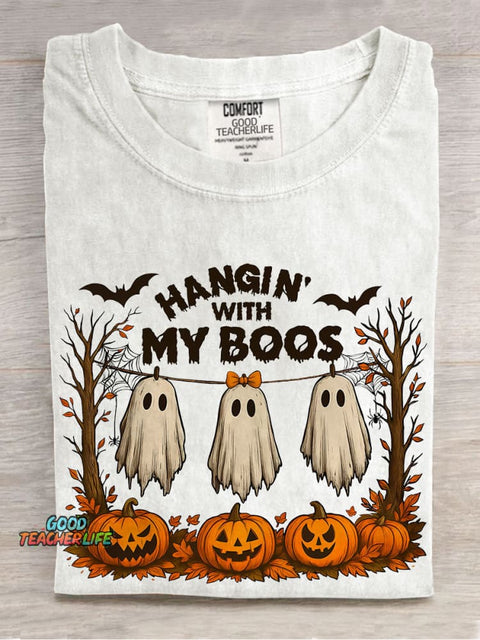 Funny Hanging Ghosts Halloween Hangin’ With My Boos Casual Print T-shirt