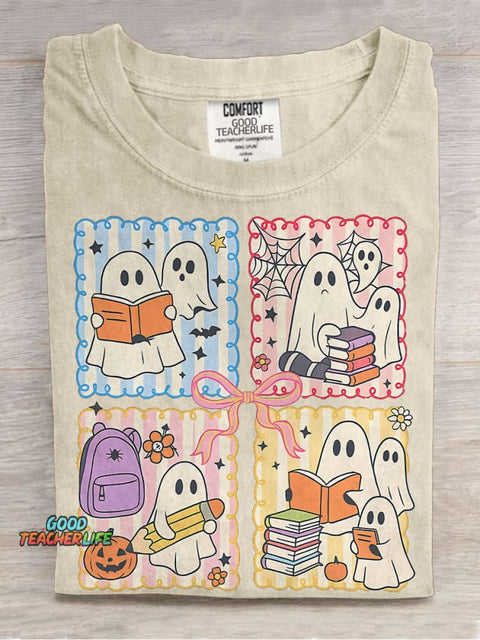 Spooky Teacher Coquette Retro Halloween Cute Ghost Teacher Pencil Bow Halloween Casual Print T-shirt