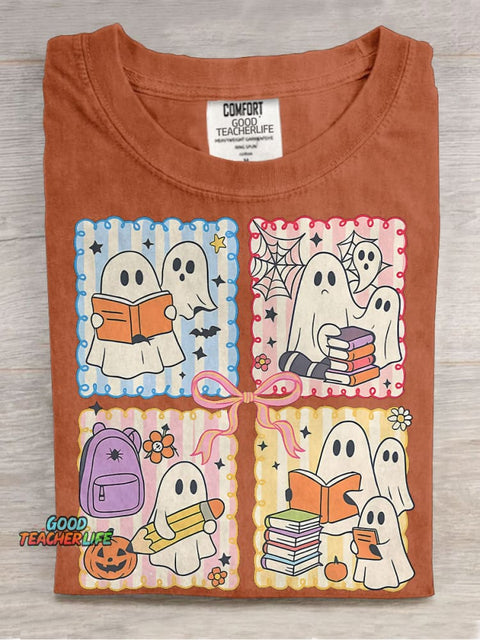 Spooky Teacher Coquette Retro Halloween Cute Ghost Teacher Pencil Bow Halloween Casual Print T-shirt