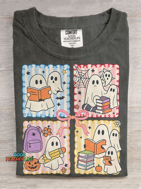 Spooky Teacher Coquette Retro Halloween Cute Ghost Teacher Pencil Bow Halloween Casual Print T-shirt