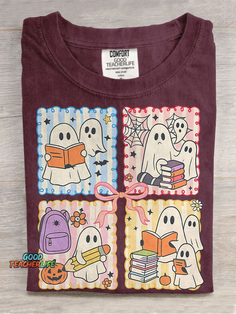 Spooky Teacher Coquette Retro Halloween Cute Ghost Teacher Pencil Bow Halloween Casual Print T-shirt