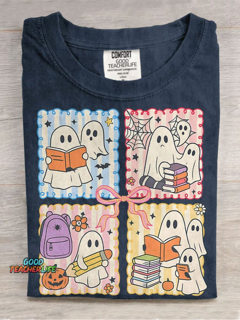 Spooky Teacher Coquette Retro Halloween Cute Ghost Teacher Pencil Bow Halloween Casual Print T-shirt