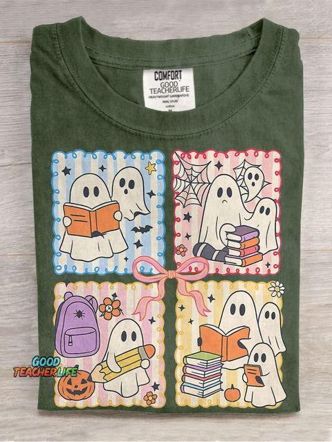 Spooky Teacher Coquette Retro Halloween Cute Ghost Teacher Pencil Bow Halloween Casual Print T-shirt