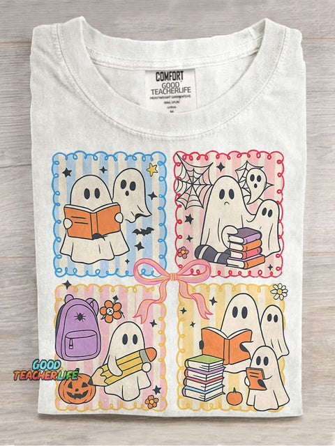 Spooky Teacher Coquette Retro Halloween Cute Ghost Teacher Pencil Bow Halloween Casual Print T-shirt