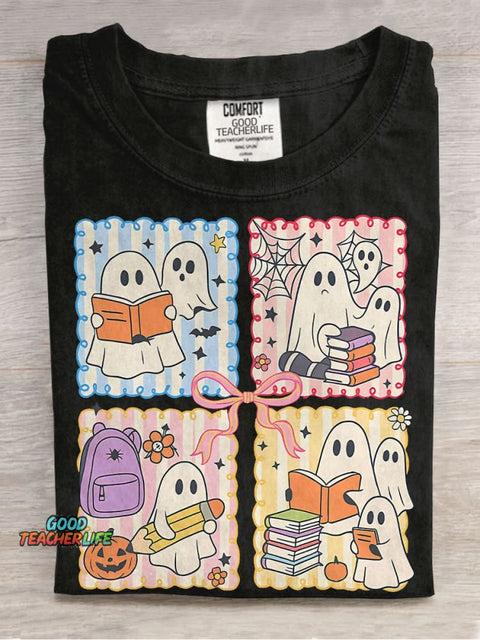 Spooky Teacher Coquette Retro Halloween Cute Ghost Teacher Pencil Bow Halloween Casual Print T-shirt