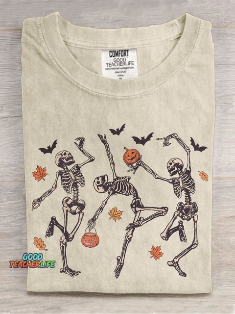 Dancing Skeleton Halloween Pumpkin Casual Print T-shirt