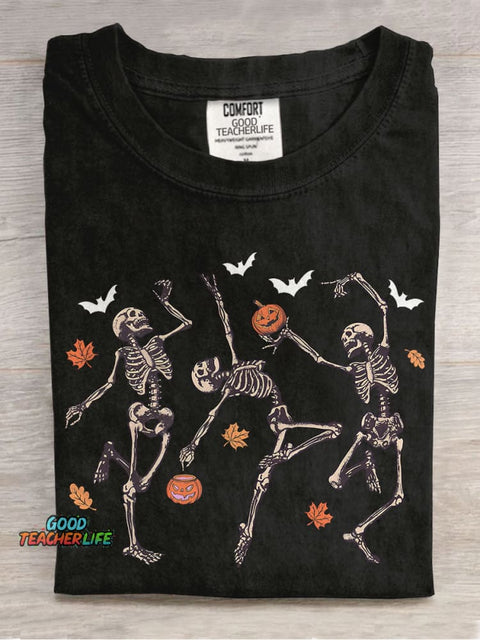 Dancing Skeleton Halloween Pumpkin Casual Print T-shirt
