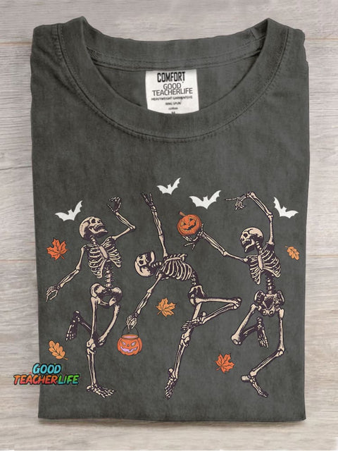 Dancing Skeleton Halloween Pumpkin Casual Print T-shirt