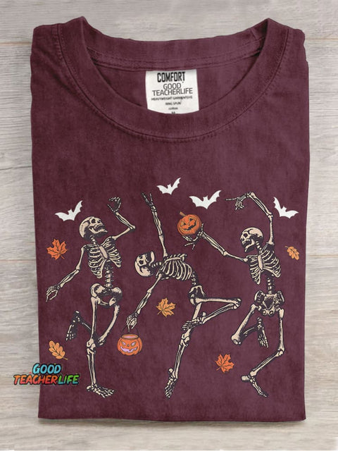 Dancing Skeleton Halloween Pumpkin Casual Print T-shirt