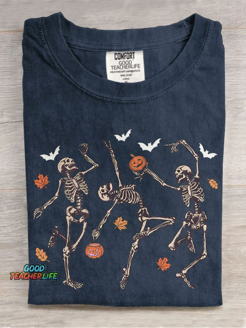 Dancing Skeleton Halloween Pumpkin Casual Print T-shirt
