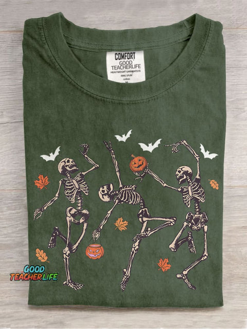 Dancing Skeleton Halloween Pumpkin Casual Print T-shirt