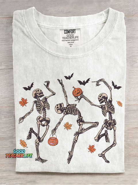 Dancing Skeleton Halloween Pumpkin Casual Print T-shirt