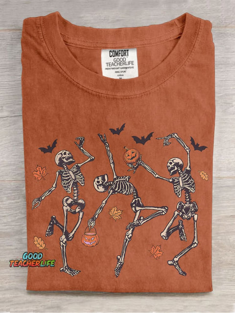Dancing Skeleton Halloween Pumpkin Casual Print T-shirt