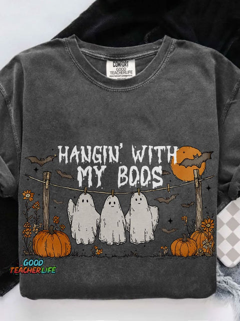 Funny Hanging Ghosts Halloween Hangin’ With My Boos Cute Pumpkin Bat Casual Print T-shirt