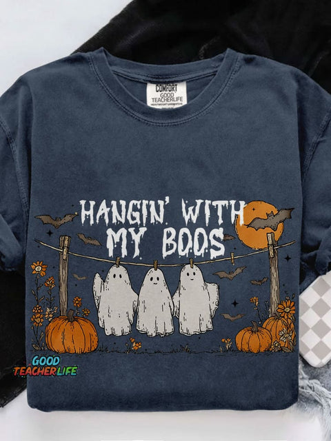Funny Hanging Ghosts Halloween Hangin’ With My Boos Cute Pumpkin Bat Casual Print T-shirt