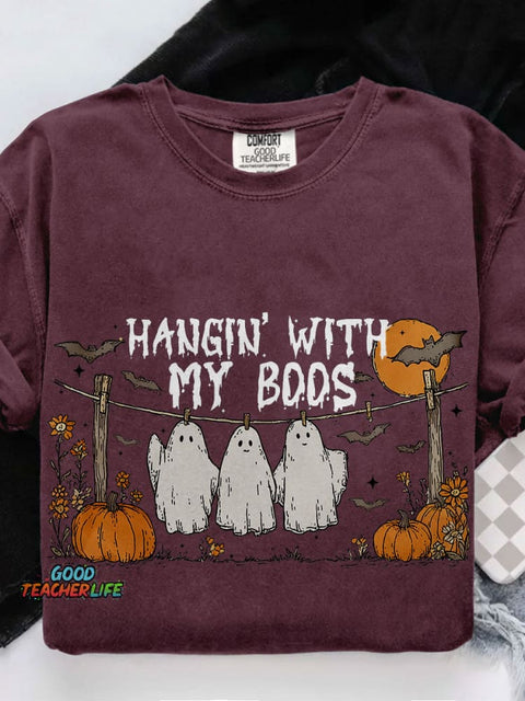 Funny Hanging Ghosts Halloween Hangin’ With My Boos Cute Pumpkin Bat Casual Print T-shirt