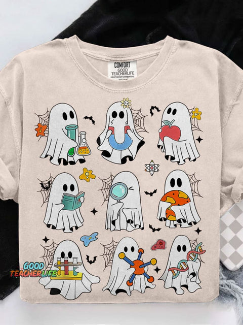 Spooky Ghost Science Teacher Spooky Ghost Flasks Casual Print T-shirt