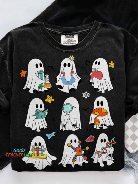 Spooky Ghost Science Teacher Spooky Ghost Flasks Casual Print T-shirt