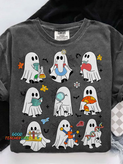 Spooky Ghost Science Teacher Spooky Ghost Flasks Casual Print T-shirt