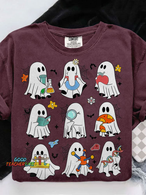 Spooky Ghost Science Teacher Spooky Ghost Flasks Casual Print T-shirt