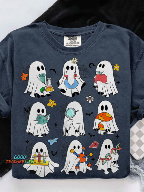 Spooky Ghost Science Teacher Spooky Ghost Flasks Casual Print T-shirt